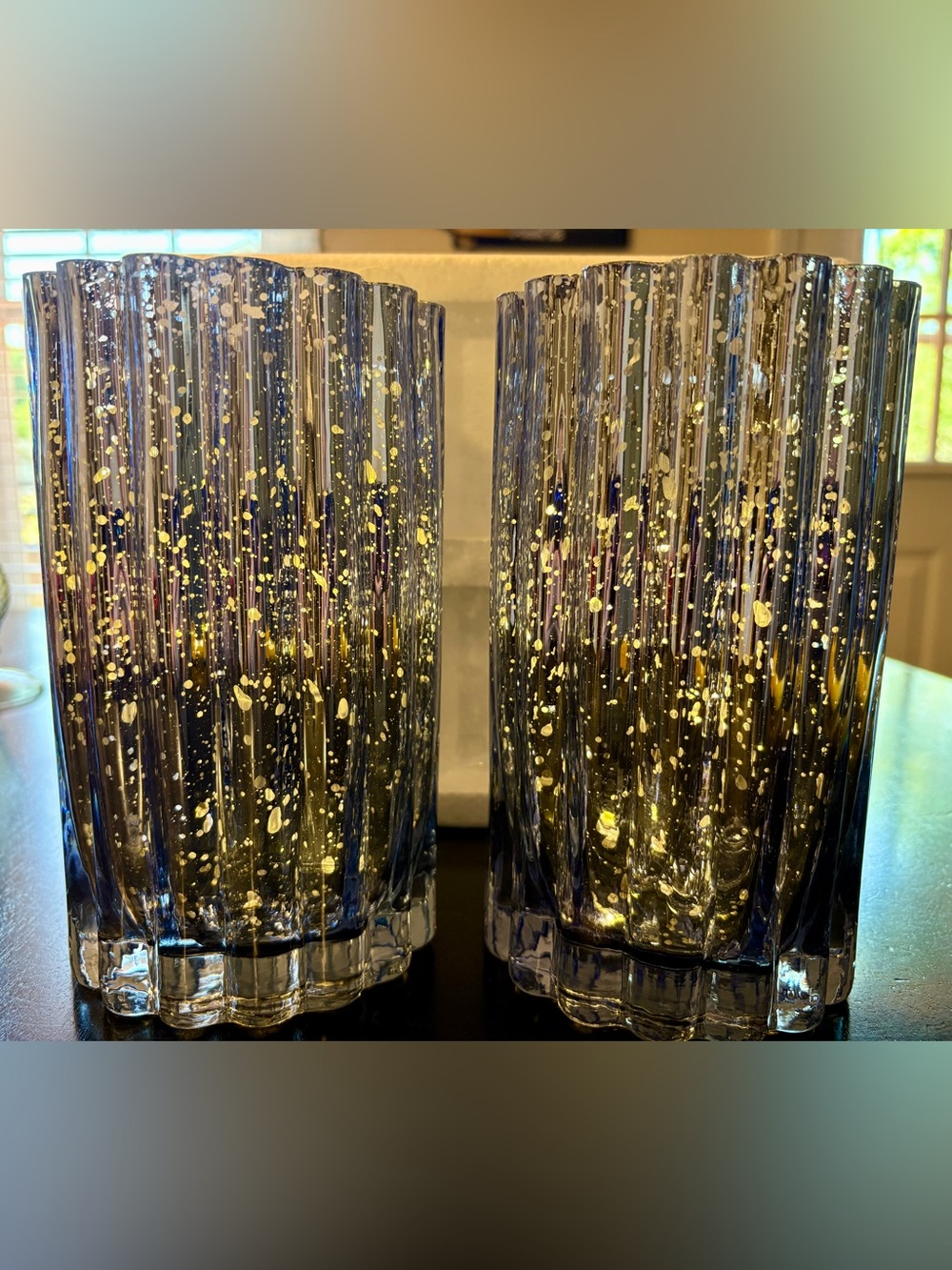 Set of 2 Illuminated Lavender Mercury Glass Hurricanes by Valerie Parr Hill